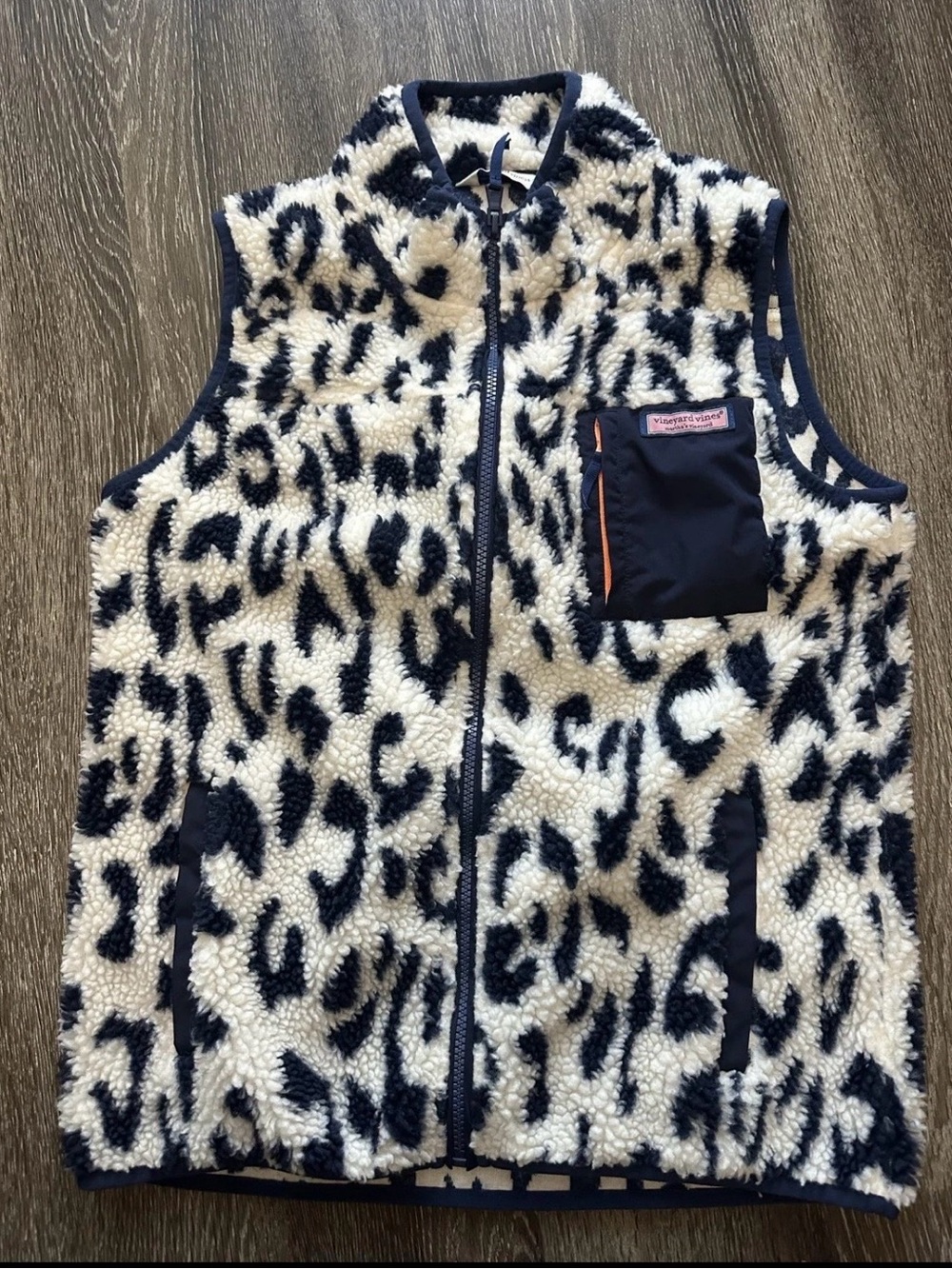 Vineyard Vines Vest Womens Small White Leopard Sherpa Fleece Full Zip Pockets